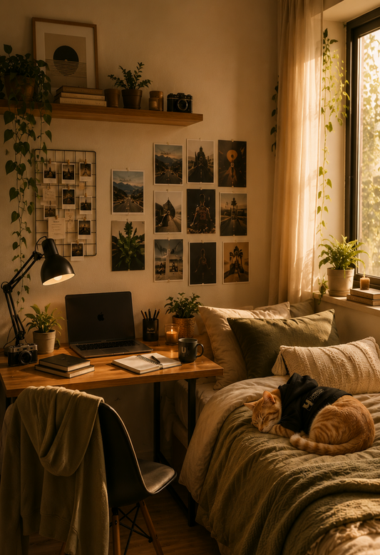 A cozy bedroom scene with a bed made of layered beige and olive-green blankets, a desk with a laptop and lamp, framed wall art, and a black cat curled up on the bed near the window.